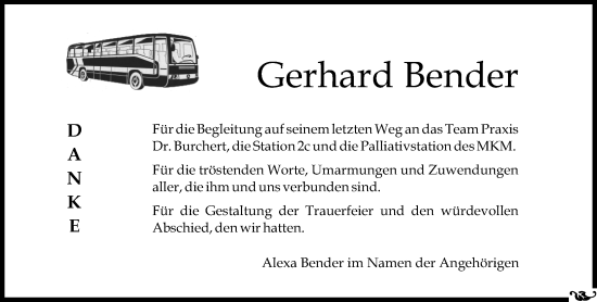 Traueranzeige von Gerhard Bender von Allgemeine Zeitung Mainz