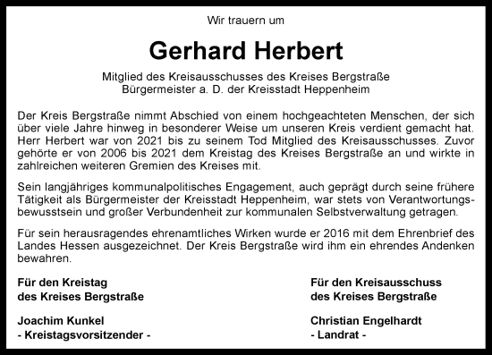 Traueranzeige von Gerhard Herbert von Starkenburger Echo