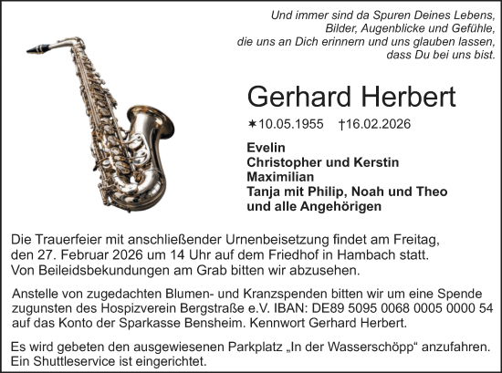 Traueranzeige von Gerhard Herbert von Starkenburger Echo
