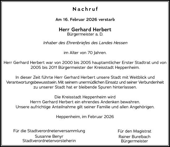 Traueranzeige von Gerhard Herbert von Starkenburger Echo