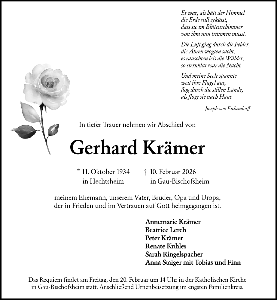  Traueranzeige für Gerhard Krämer vom 14.02.2026 aus Allgemeine Zeitung Mainz