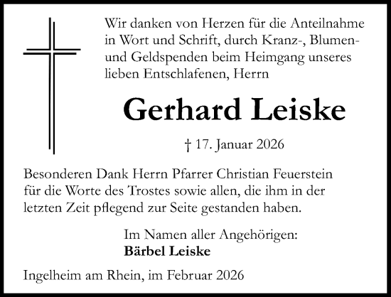 Traueranzeige von Gerhard Leiske von Allgemeine Zeitung Rheinhessen-Nahe
