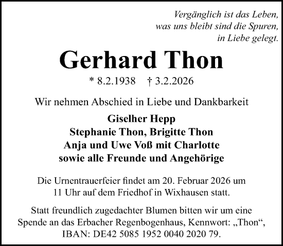 Traueranzeige von Gerhard Thon von Darmstädter Echo