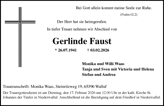 Traueranzeige von Gerlinde Faust von Wiesbadener Kurier