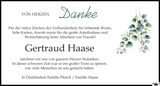 Traueranzeige von Gertraud Haase von Allgemeine Zeitung Mainz