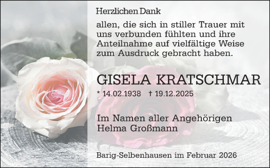 Traueranzeige von Gisela Kratschmar von Weilburger Tageblatt