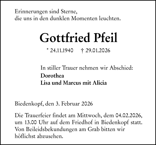 Traueranzeige von Gottfried Pfeil von Hinterländer Anzeiger