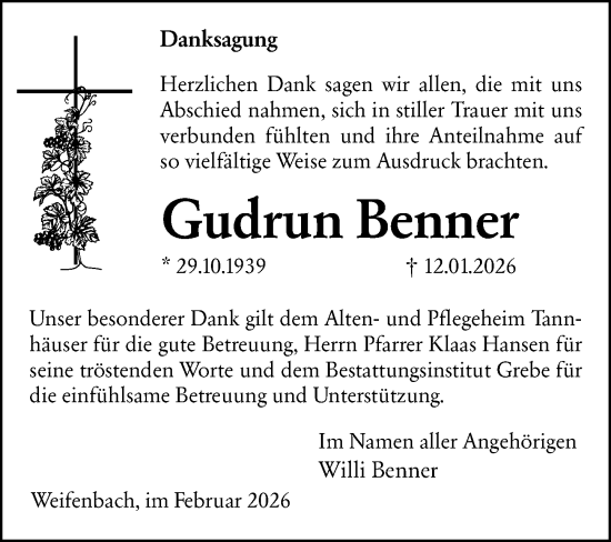 Traueranzeige von Gudrun Benner von Hinterländer Anzeiger