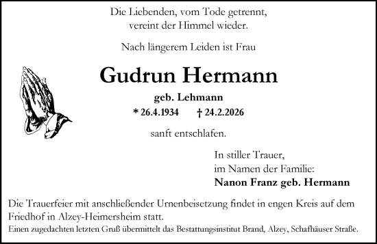 Traueranzeige von Gudrun Hermann von Allgemeine Zeitung Alzey
