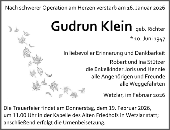 Traueranzeige von Gudrun Klein von Wetzlarer Neue Zeitung