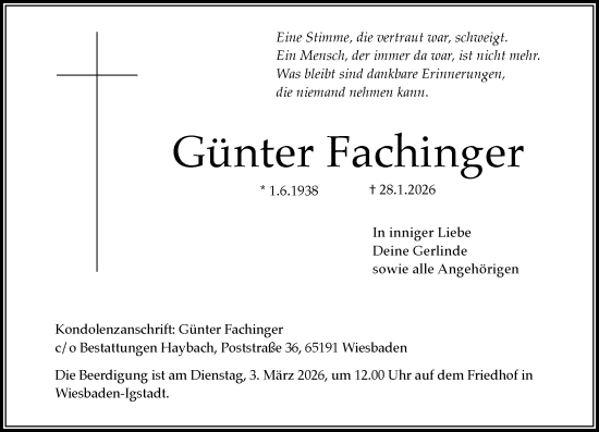Traueranzeige von Günter Fachinger von Wiesbadener Kurier