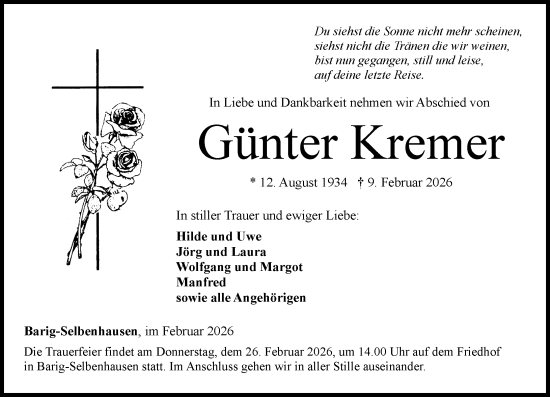 Traueranzeige von Günter Kremer von Weilburger Tageblatt