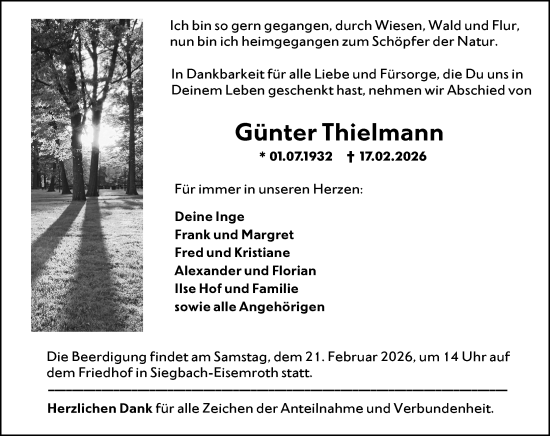 Traueranzeige von Günter Thielmann von Dill Block