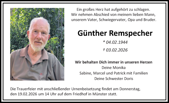 Traueranzeige von Günther Remspecher von Dieburger Anzeiger/Groß-Zimmerner Lokal-Anzeiger