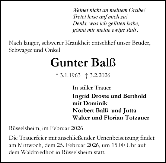 Traueranzeige von Gunter Balß von Rüsselsheimer Echo