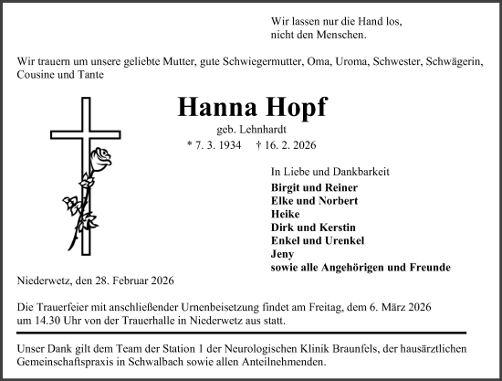 Traueranzeige von Hanna Hopf von Wetzlarer Neue Zeitung