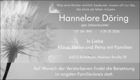 Traueranzeige von Hannelore Döring von Groß-Gerauer Echo