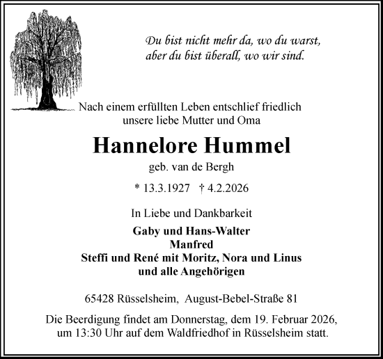 Traueranzeige von Hannelore Hummel von Rüsselsheimer Echo