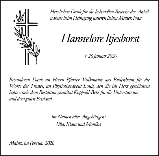 Traueranzeige von Hannelore Itjeshorst von Allgemeine Zeitung Mainz