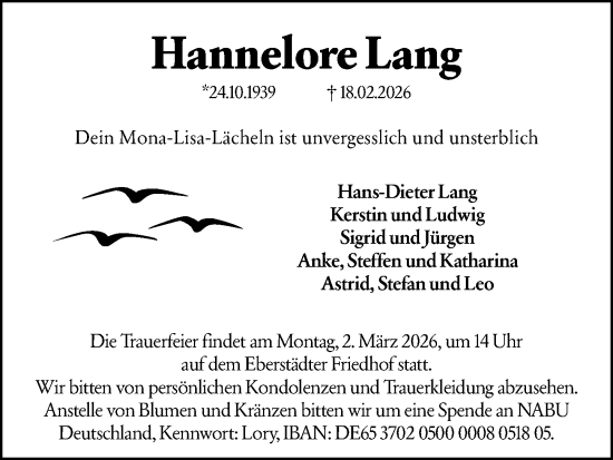 Traueranzeige von Hannelore Lang von Darmstädter Echo