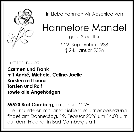 Traueranzeige von Hannelore Mandel von Camberger Anzeiger