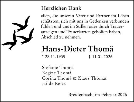 Traueranzeige von Hans-Dieter Thomä von Hinterländer Anzeiger