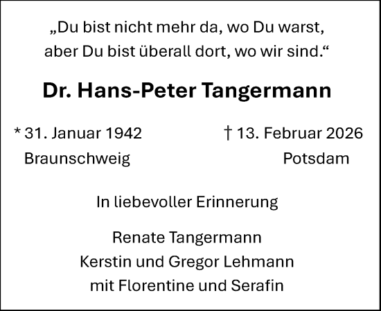 Traueranzeige von Hans-Peter Tangermann von Allgemeine Zeitung Mainz