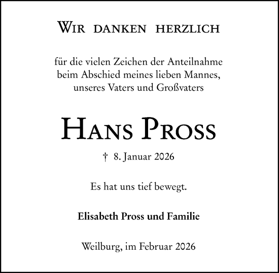 Traueranzeige von Hans Pross von Weilburger Tageblatt