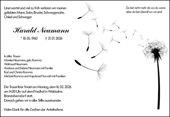 Traueranzeige von Harald Neumann von Wetzlarer Neue Zeitung