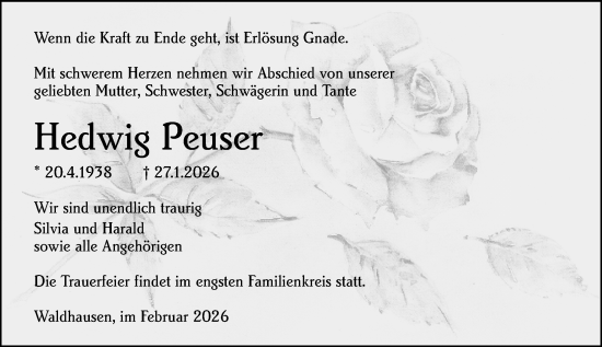 Traueranzeige von Hedwig Peuser von Weilburger Tageblatt