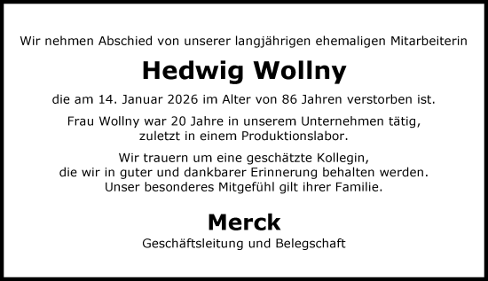 Traueranzeige von Hedwig Wollny von Darmstädter Echo