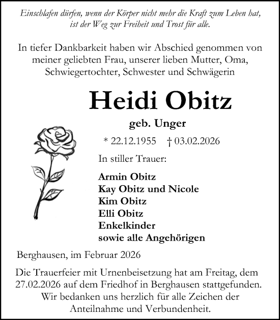 Traueranzeige von Heidi Obitz von Wetzlarer Neue Zeitung