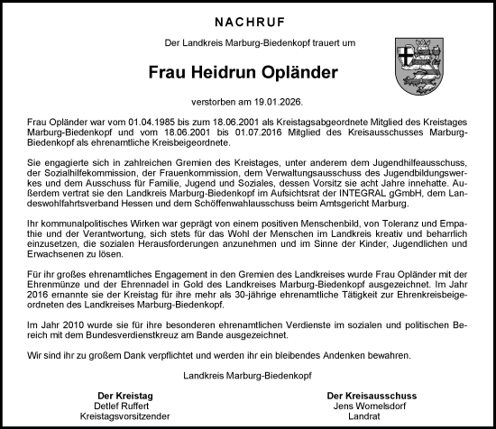 Traueranzeige von Heidrun Opländer von Hinterländer Anzeiger