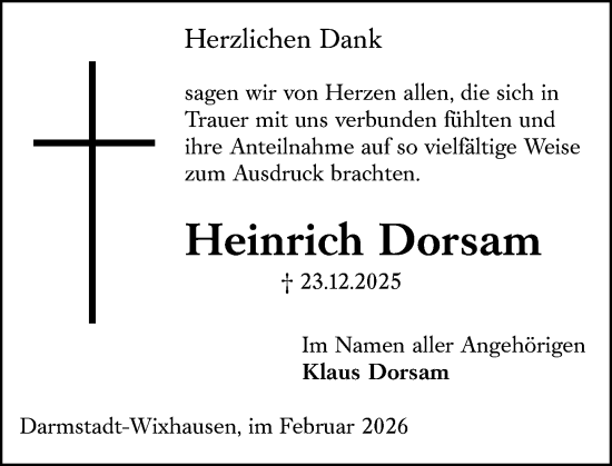 Traueranzeige von Heinrich Dorsam von Darmstädter Echo
