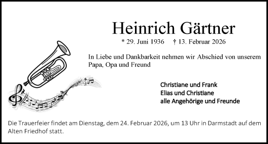 Traueranzeige von Heinrich Gärtner von Darmstädter Echo