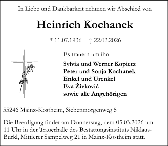 Traueranzeige von Heinrich Kochanek von Allgemeine Zeitung Mainz