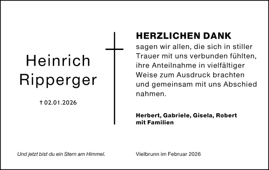 Traueranzeige von Heinrich Ripperger von Odenwälder Echo