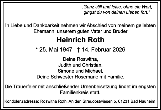 Traueranzeige von Heinrich Roth von Wetzlarer Neue Zeitung
