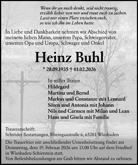 Traueranzeige von Heinz Buhl von Wiesbadener Kurier