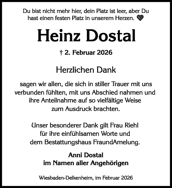 Traueranzeige von Heinz Dostal von Wiesbadener Kurier