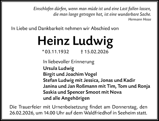 Traueranzeige von Heinz Ludwig von Darmstädter Echo