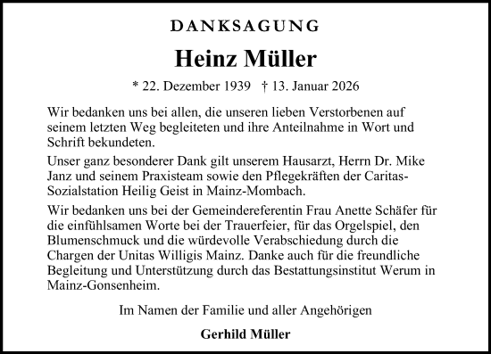 Traueranzeige von Heinz Müller von Allgemeine Zeitung Mainz