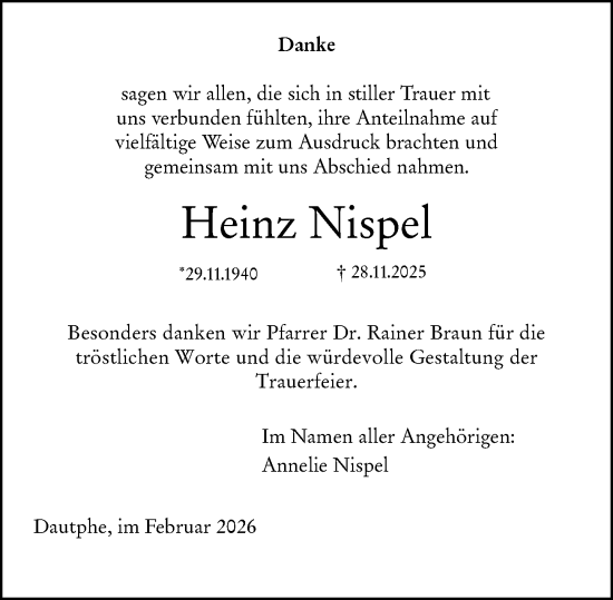 Traueranzeige von Heinz Nispel von Hinterländer Anzeiger
