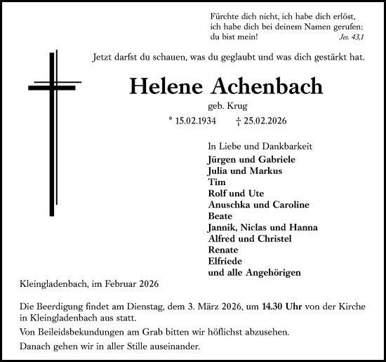 Traueranzeige von Helene Achenbach von Hinterländer Anzeiger