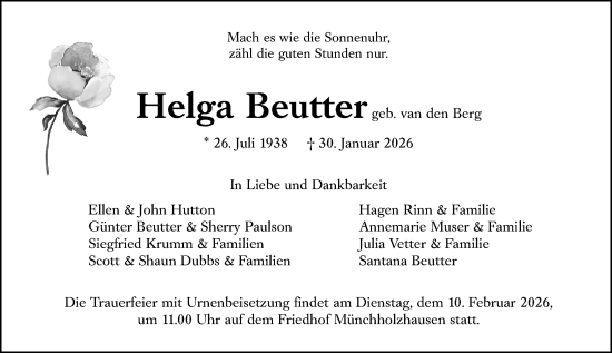 Traueranzeige von Helga Beutter von Wetzlarer Neue Zeitung