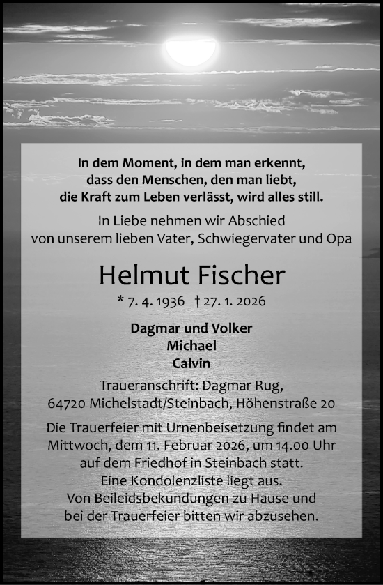 Traueranzeige von Helmut Fischer von Odenwälder Echo