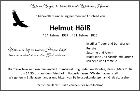 Traueranzeige von Helmut Hölß von Wetzlarer Neue Zeitung