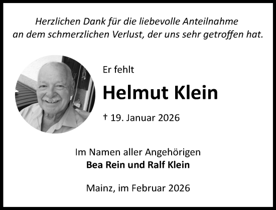 Traueranzeige von Helmut Klein von Allgemeine Zeitung Mainz