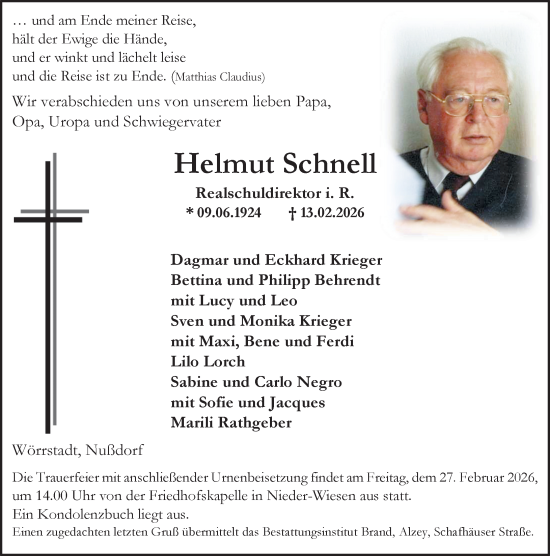 Traueranzeige von Helmut Schnell von Allgemeine Zeitung Alzey