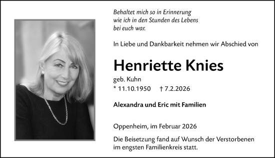 Traueranzeige von Henriette Knies von Allgemeine Zeitung Mainz